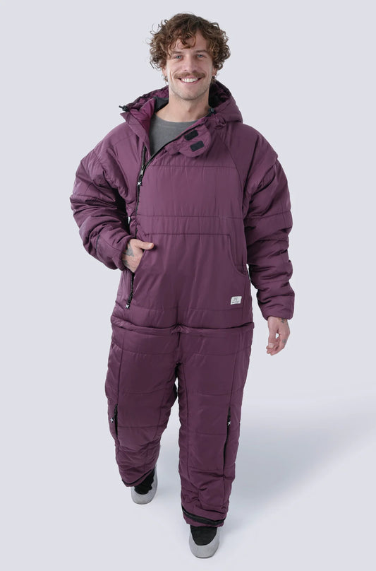 Man wearing the selk'bag wearable sleeping bag