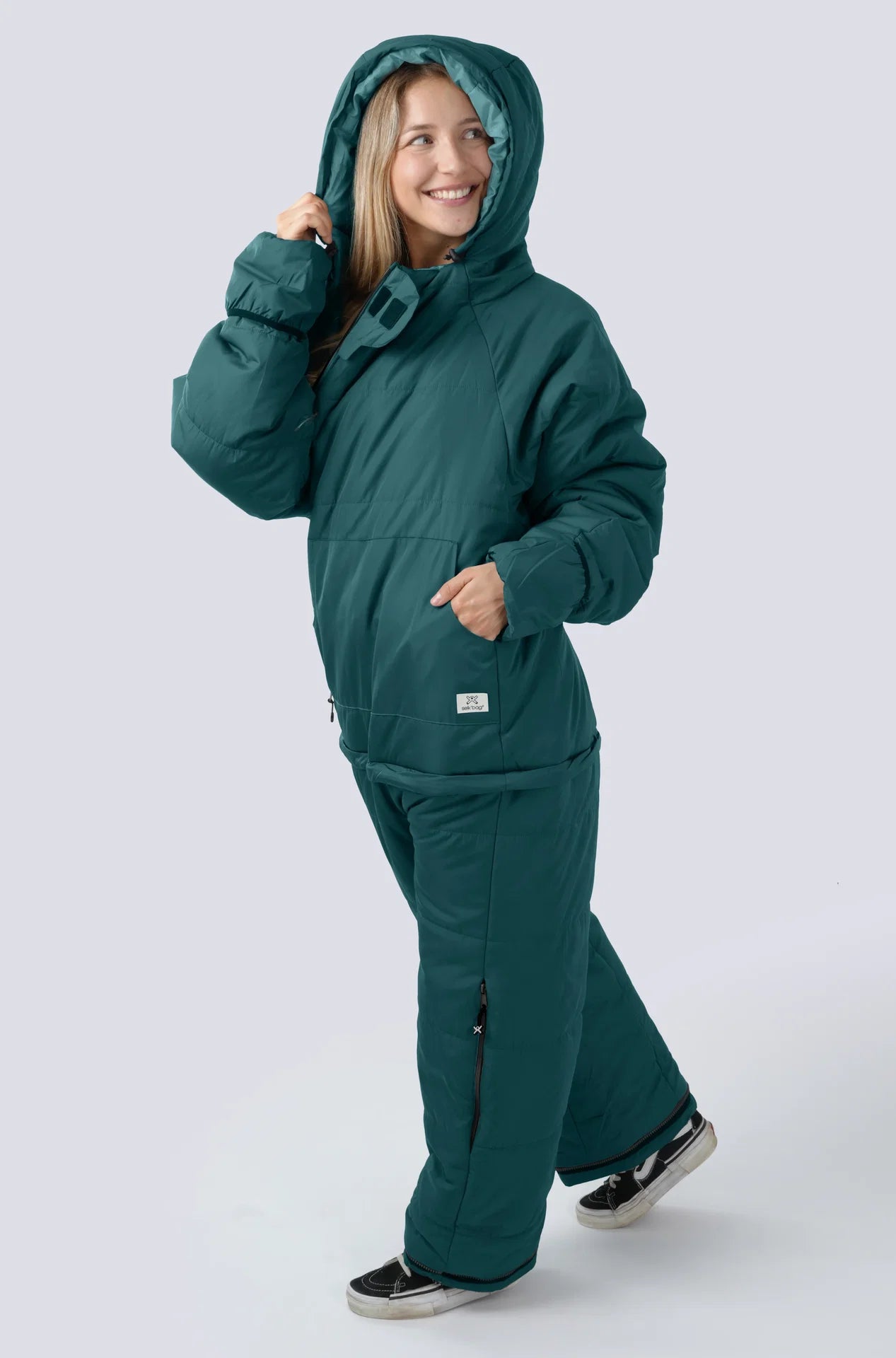Woman wearing the selk'bag wearable sleeping bag